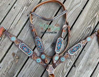 Light Blue Beaded Headstall and Breast Collar Set