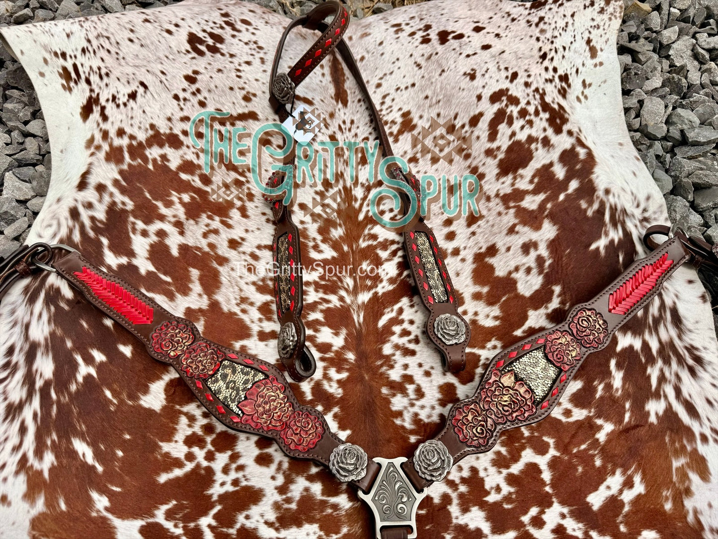 READY TO SHIP- Red Rose with Cheetah inlay tack set