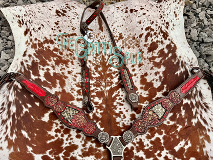 READY TO SHIP- Red Rose with Cheetah inlay tack set