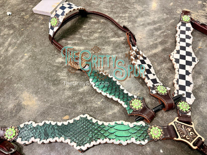 READY TO SHIP- Emerald Gator with Checker tack set