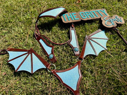 READY TO SHIP- Light blue glitter dragon tack set