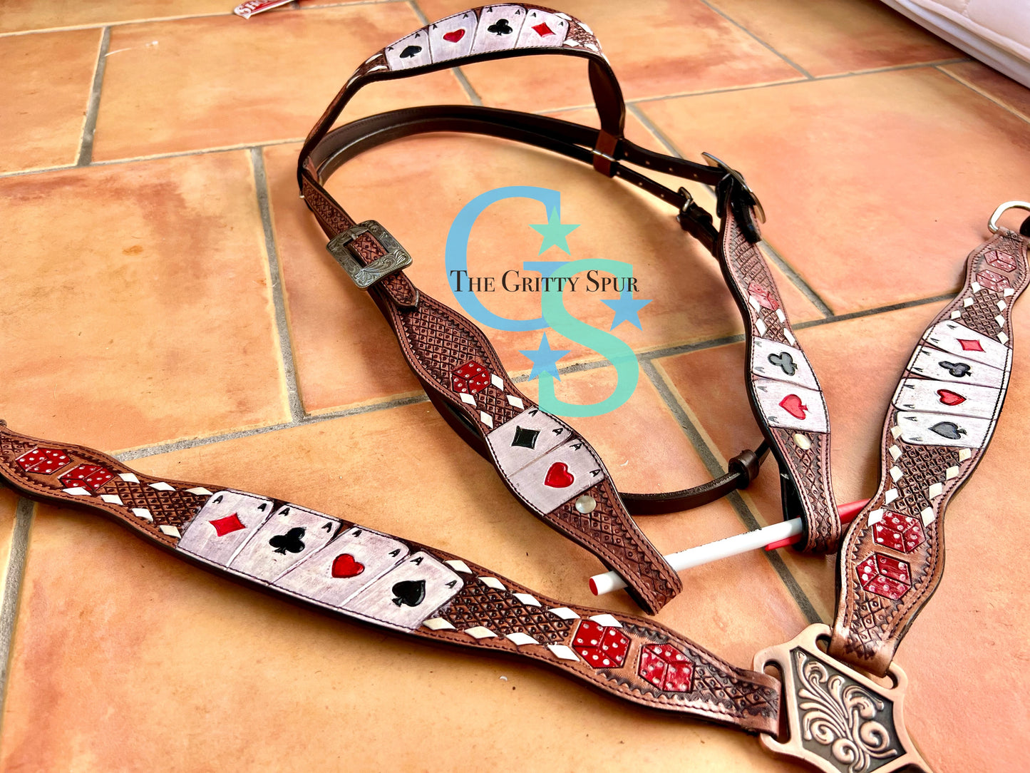 Rider's Luck Tooled Leather Browband Headstall and Breast Collar Set