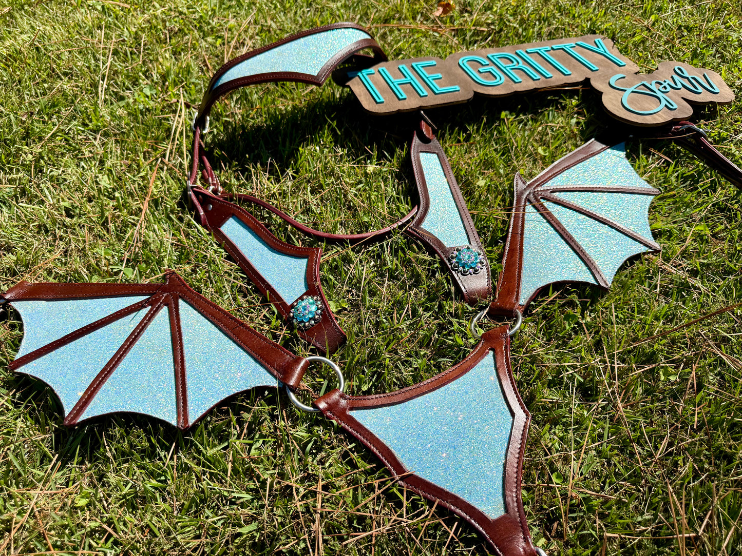 READY TO SHIP- Light blue glitter dragon tack set