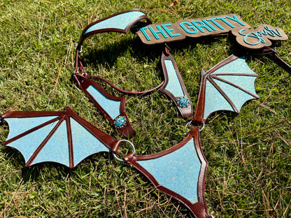 READY TO SHIP- Light blue glitter dragon tack set