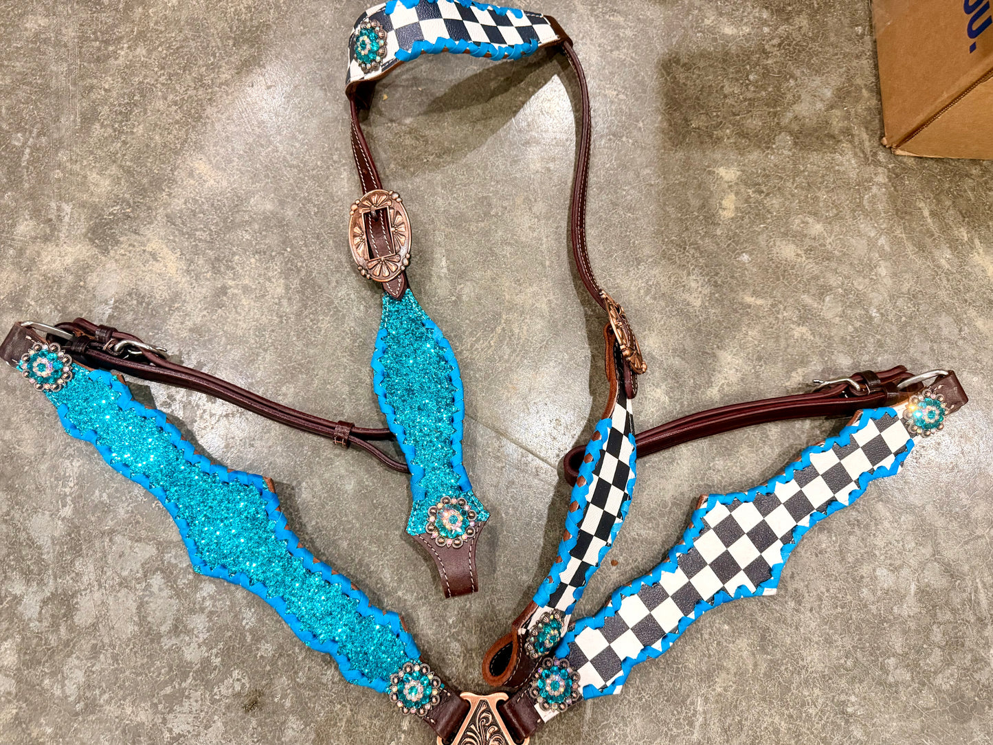 READY TO SHIP- Checker with turquoise sky glitter tack set