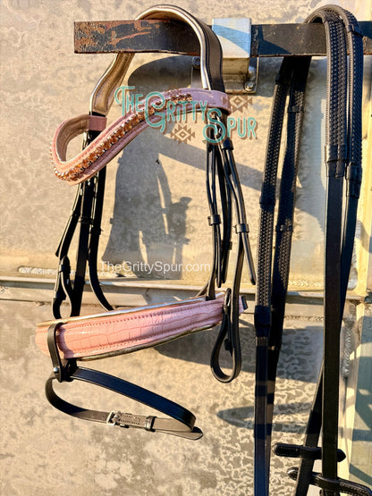 READY TO SHIP- Blush Pink gator English bridle with reins