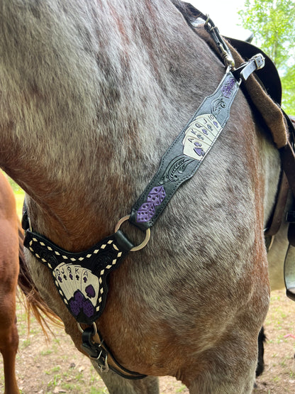 Purple card gambler / poker tack set with Bronc halter and wither strap