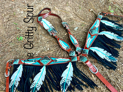 Teal painted feather cutout fringe tack set