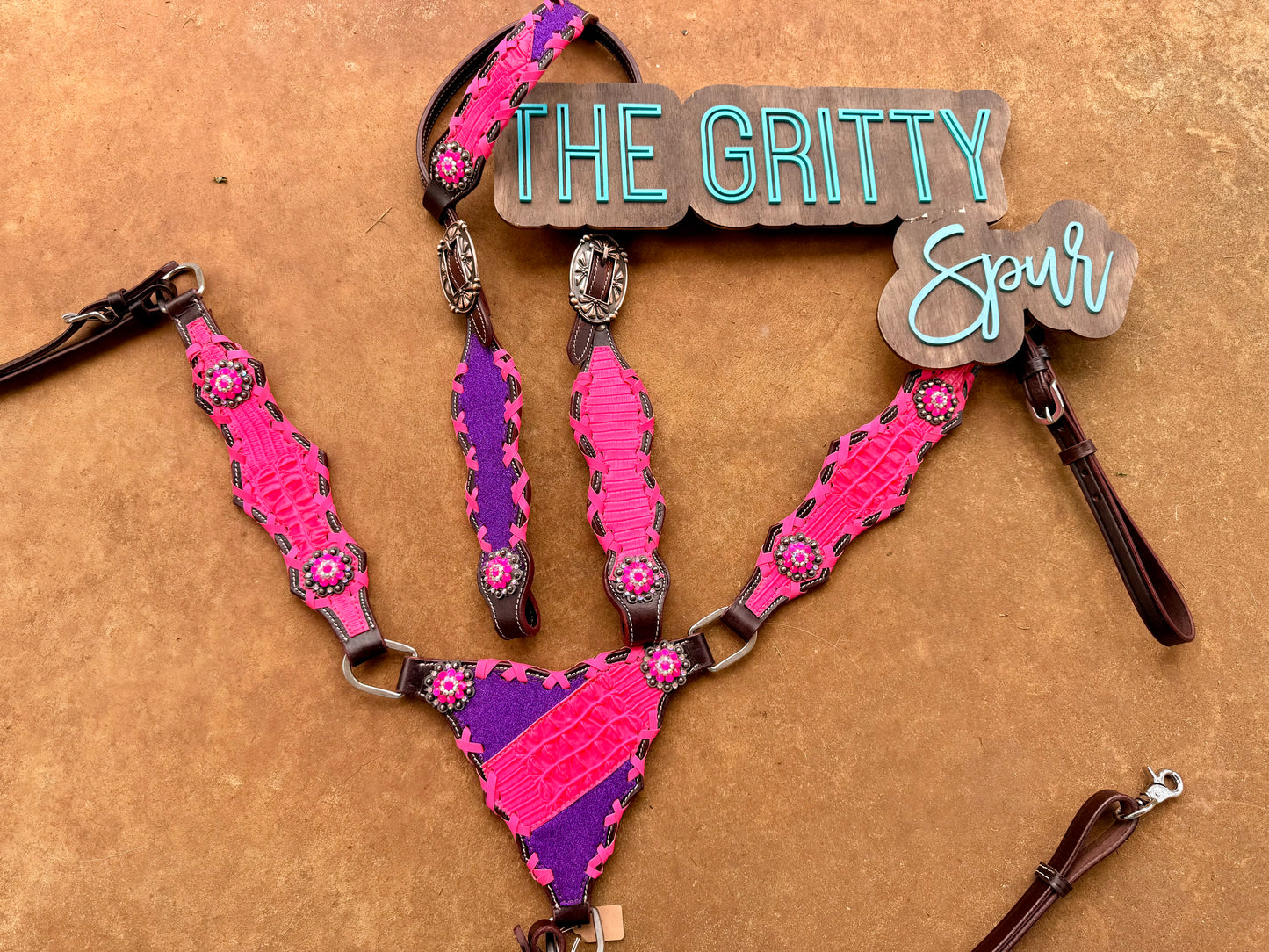PRE ORDER- Pink Gator and Purple Glitter split tack set