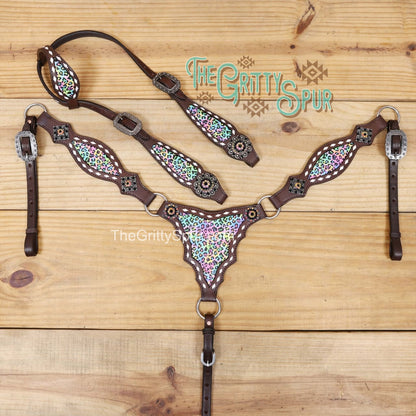 READY TO SHIP- Rainbow Cheetah printed tack set