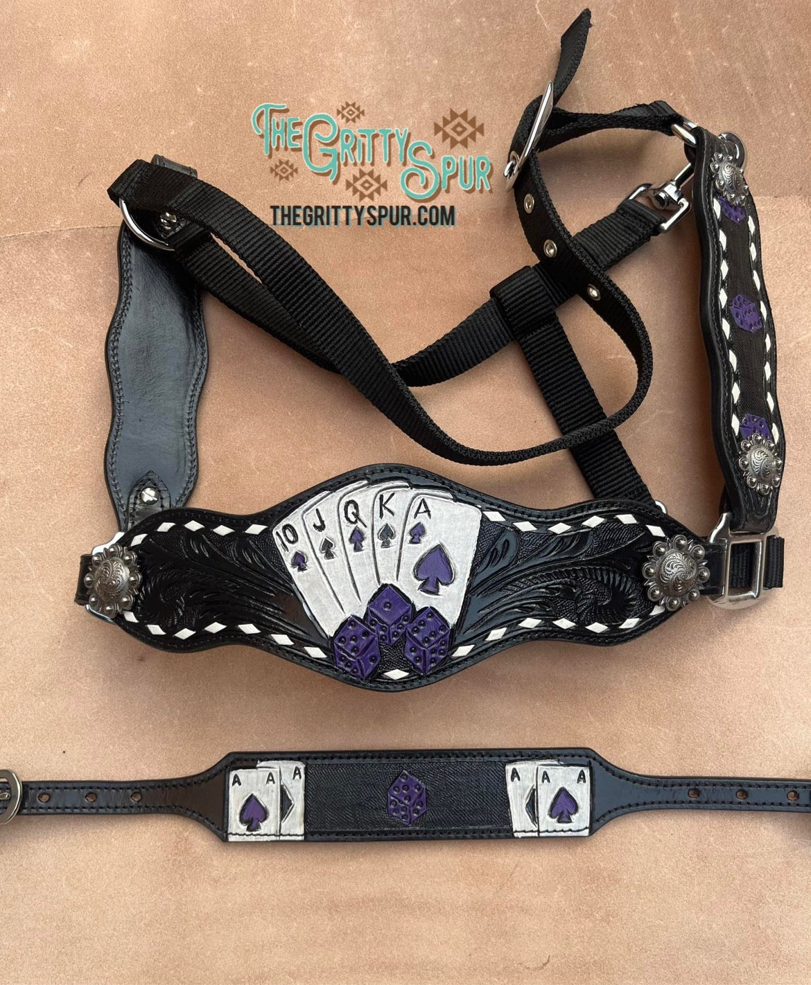 Purple card gambler / poker tack set with Bronc halter and wither strap