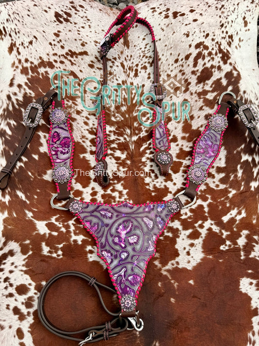 READY TO SHIP- Purple/Pink Gladiator tooled tack set