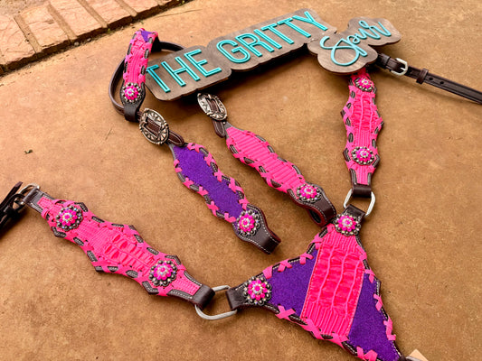 PRE ORDER- Pink Gator and Purple Glitter split tack set