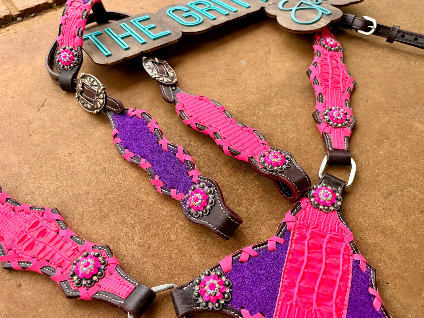 PRE ORDER- Pink Gator and Purple Glitter split tack set