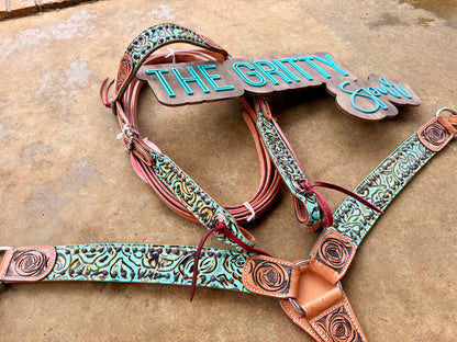 READY TO SHIP- Rustic Rose Browband Headstall and Breastcollar Set