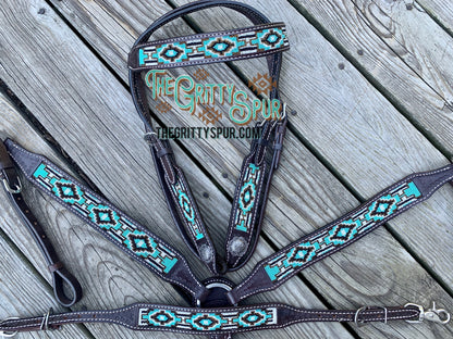 Argentina Cow Leather 3 Piece Headstall and breast collar set with navajo beaded inlay