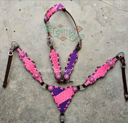 PRE ORDER- Pink Gator and Purple Glitter split tack set