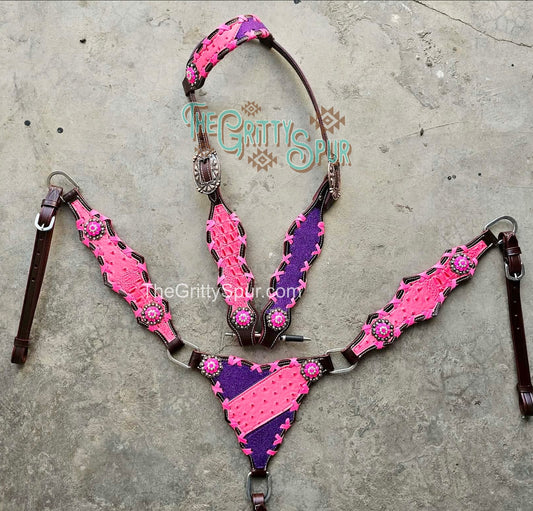 PRE ORDER- Pink Gator and Purple Glitter split tack set
