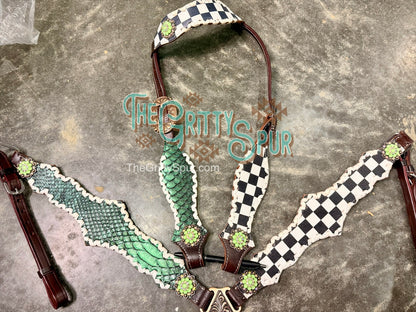READY TO SHIP- Emerald Gator with Checker tack set