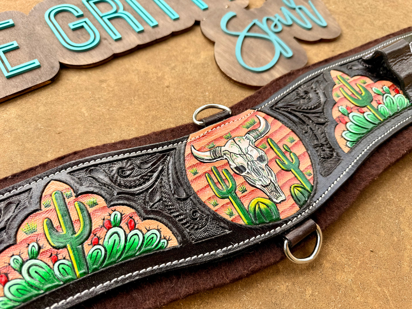 READY TO SHIP- Painted Bullskull and Cactus Leather Girth