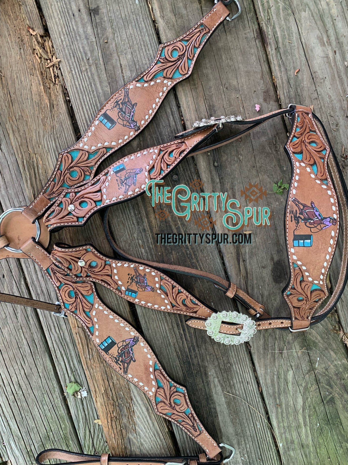 Hand painted barrel racer design headstall and breast collar set with conchos