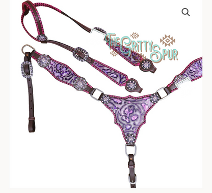 READY TO SHIP- Purple/Pink Gladiator tooled tack set