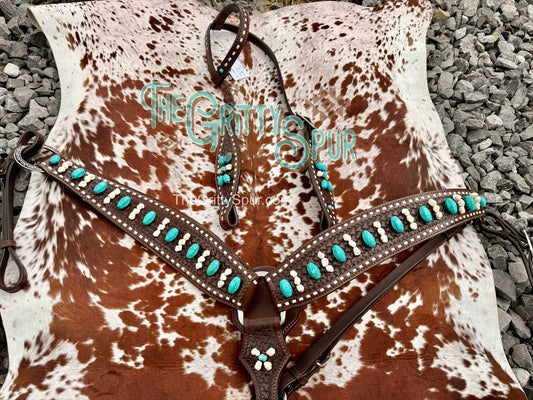 READY TO SHIP- Teal and white stone tack set
