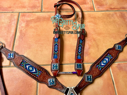 Headstall and breast collar with blue beaded inlay