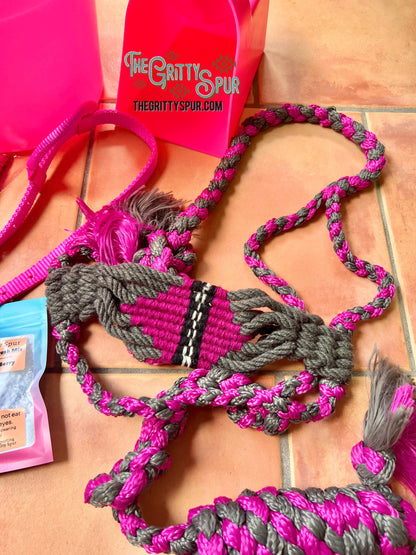 Pink and Gray Nylon Mule Tape Halter with Mohair Noseband