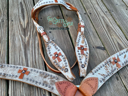 Hair on cowhide cross tack set