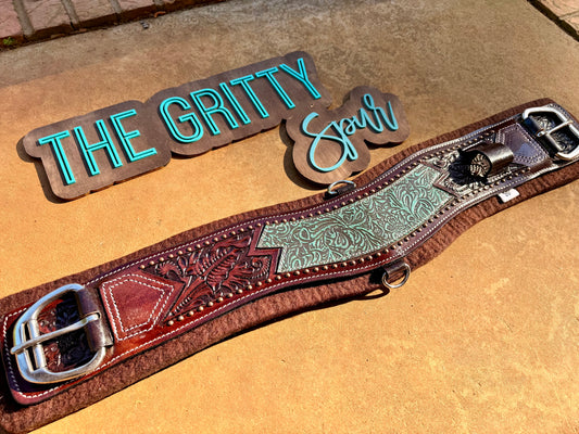 READY TO SHIP- Teal filigree leather girth