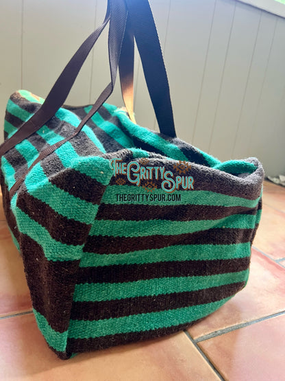 Turquoise and brown wool serape saddle blanket duffle bag