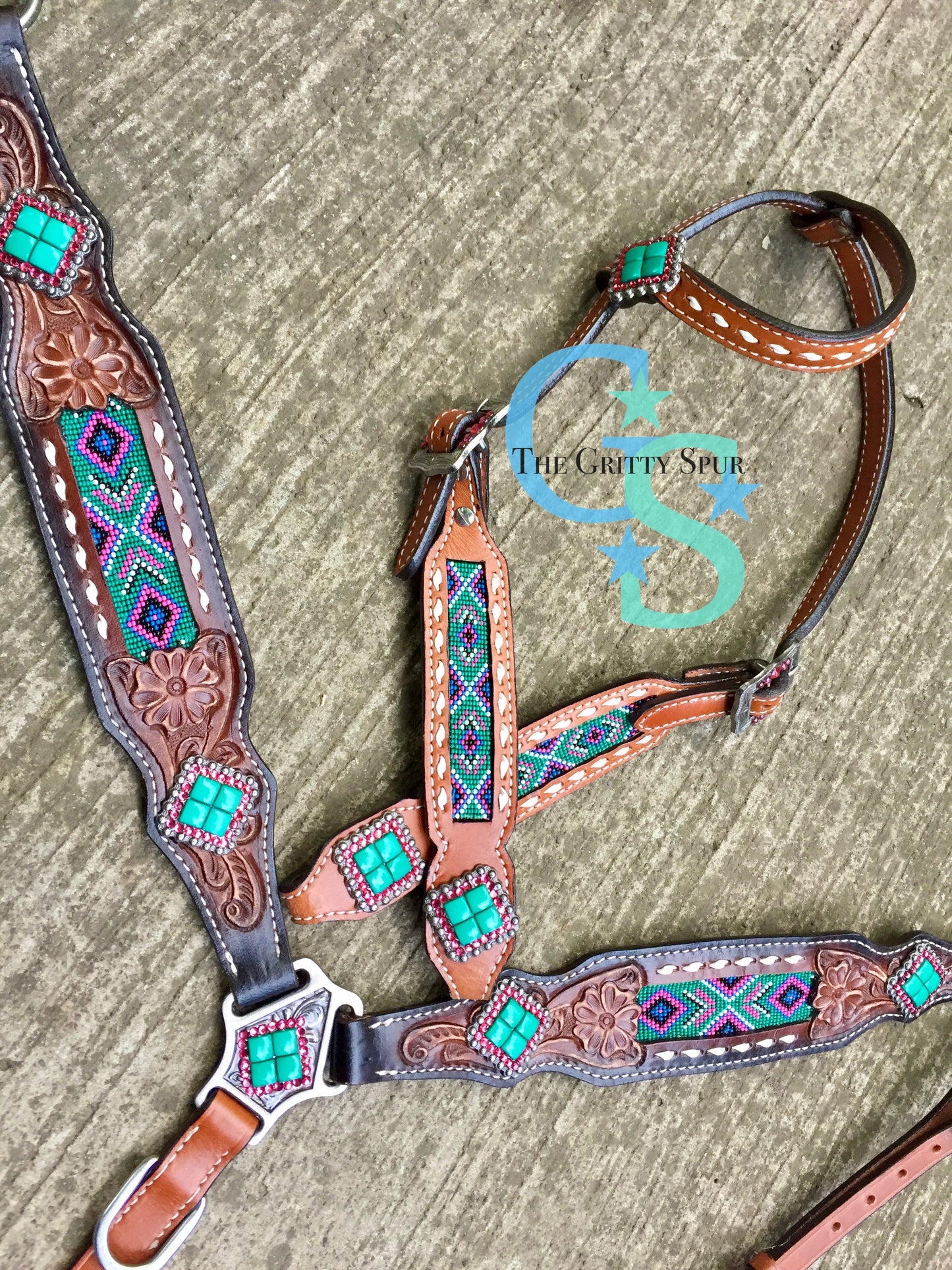 Beaded inlay pink and teal one ear tack set