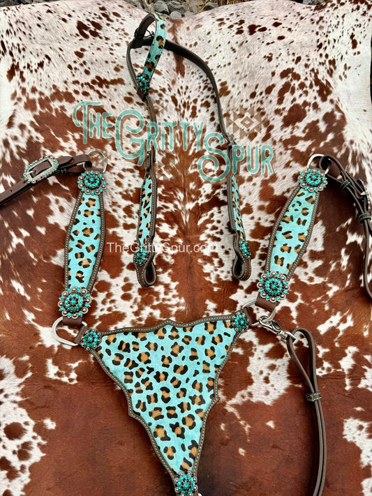 READY TO SHIP- Hair on hide light blue cheetah tack set