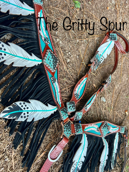 Teal painted feather cutout fringe tack set