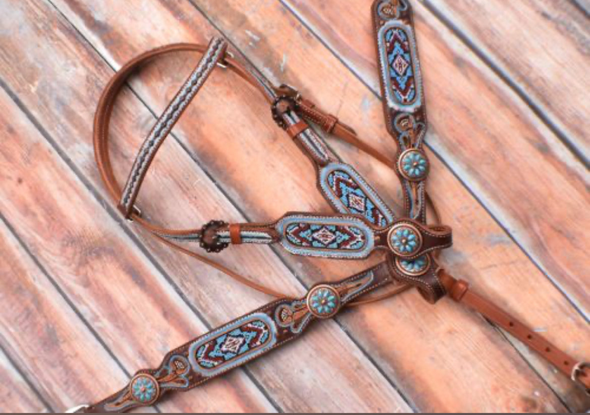 Light Blue Beaded Headstall and Breast Collar Set