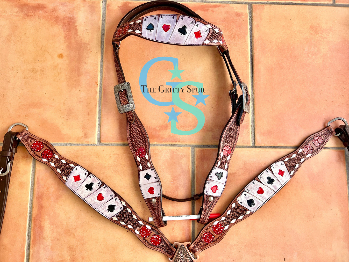 Rider's Luck Tooled Leather Browband Headstall and Breast Collar Set