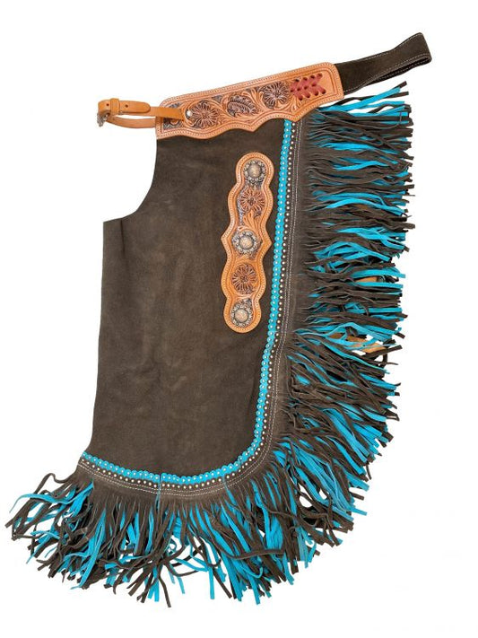 Brown suede leather chinks with mixed blue fringe