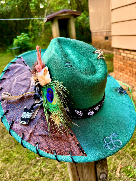 Gorgeous teal hat with leather accents