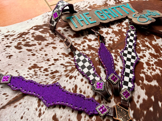 READY TO SHIP- Checker with purple glitter tack set