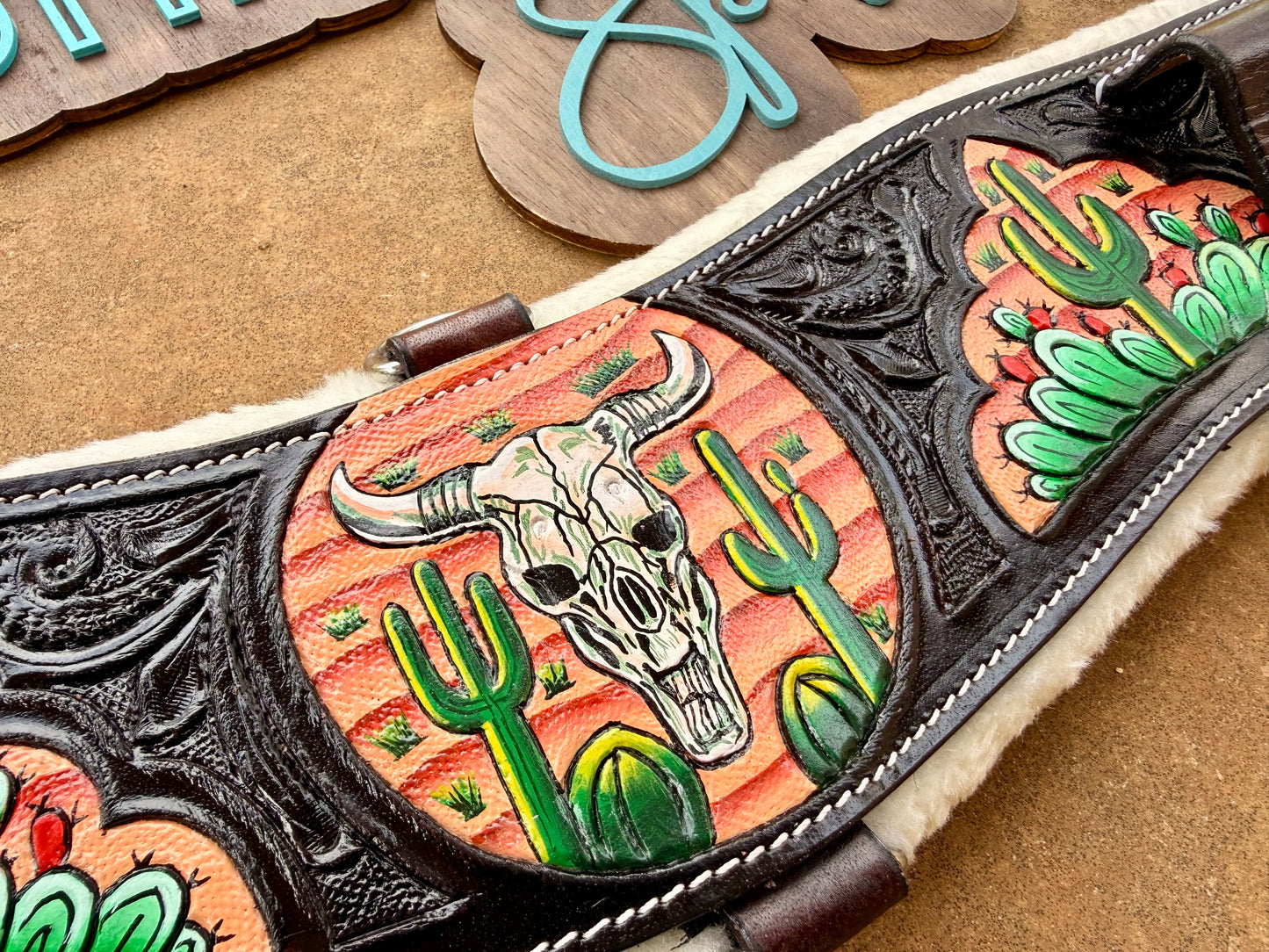 READY TO SHIP- Painted Bullskull and Cactus Leather Girth