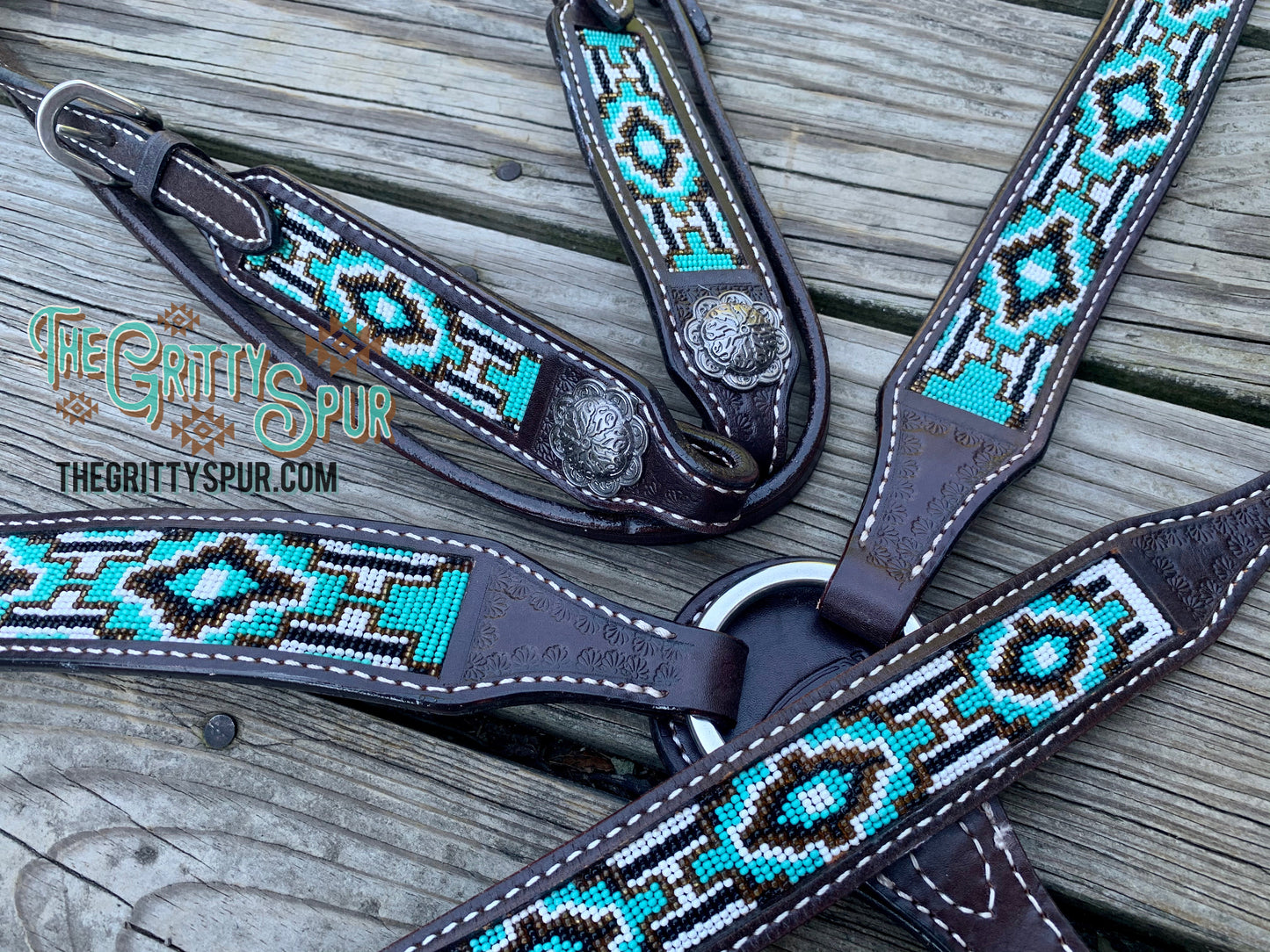 Argentina Cow Leather 3 Piece Headstall and breast collar set with navajo beaded inlay