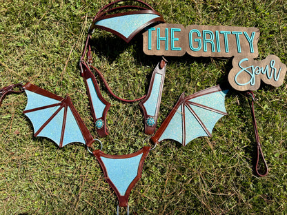 READY TO SHIP- Light blue glitter dragon tack set