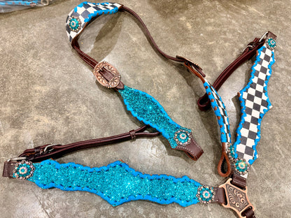 READY TO SHIP- Checker with turquoise sky glitter tack set