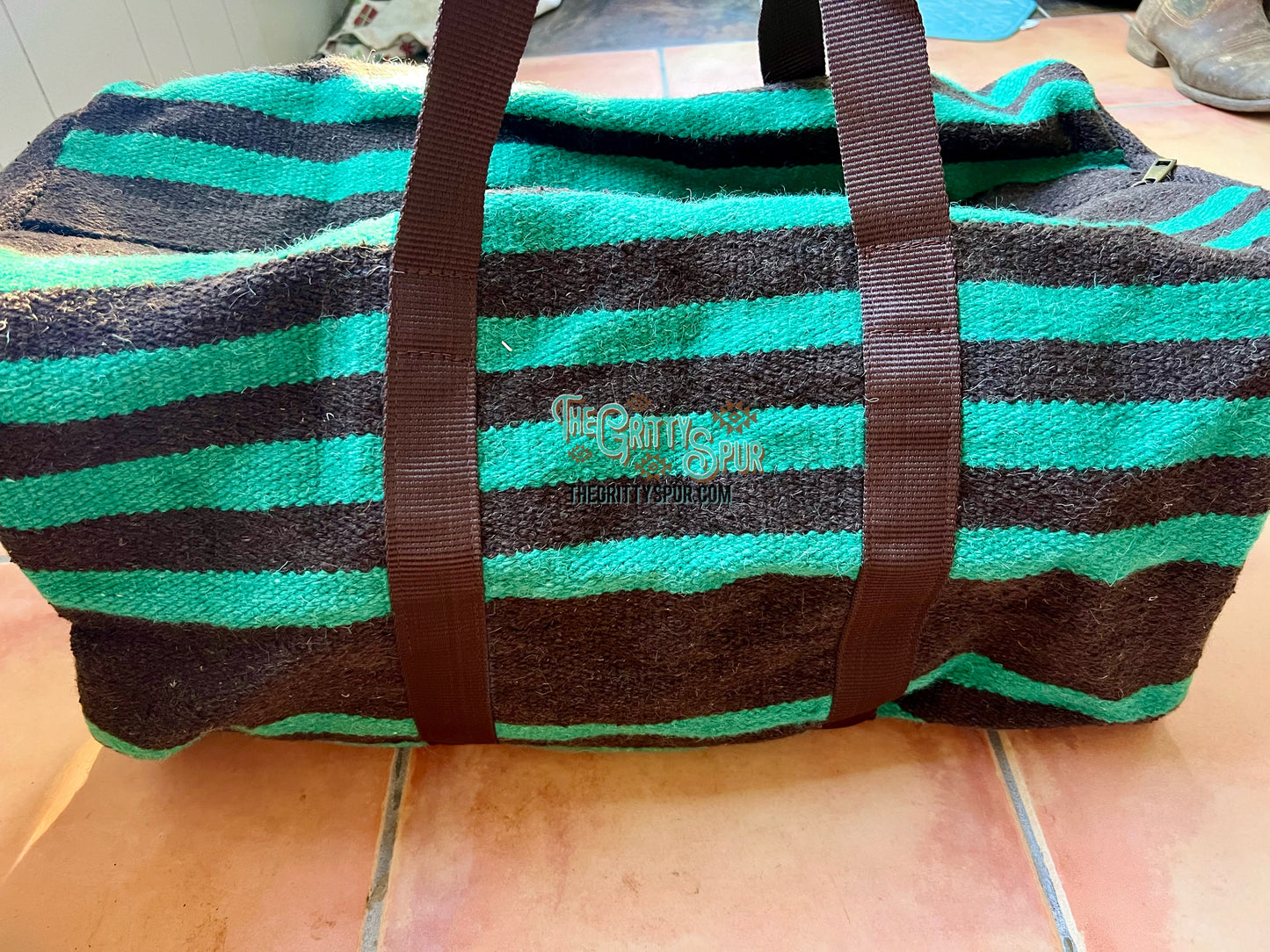 Turquoise and brown wool serape saddle blanket duffle bag