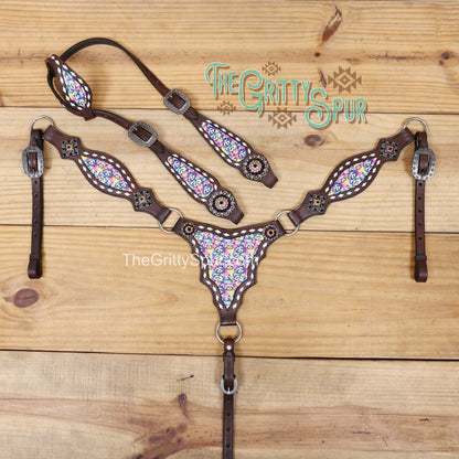 READY TO SHIP- Rainbow Raccoon printed tack set