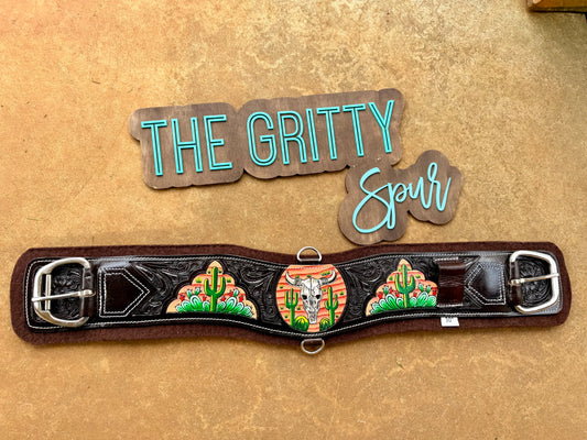 READY TO SHIP- Painted Bullskull and Cactus Leather Girth