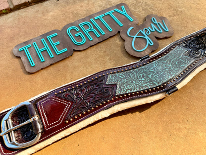 READY TO SHIP- Teal filigree leather girth