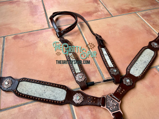 Black & White speckled hair on cowhide inlay Single Ear Headstall and Breast Collar Set