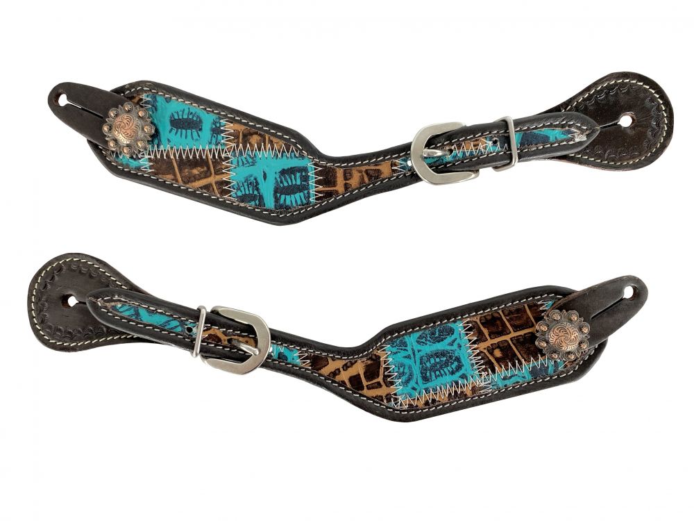 Ladies Teal gator patchwork Leather spur straps